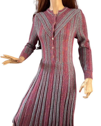 Elegant Vintage Pink and Gray Striped Tricoville Sweater Pleated 1970s Dress