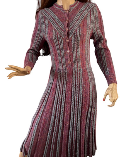 Elegant Vintage Pink and Gray Striped Tricoville Sweater Pleated 1970s Dress