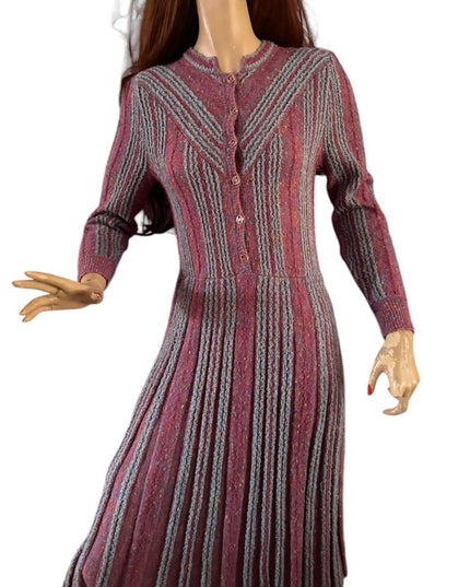 Elegant Vintage Pink and Gray Striped Tricoville Sweater Pleated 1970s Dress