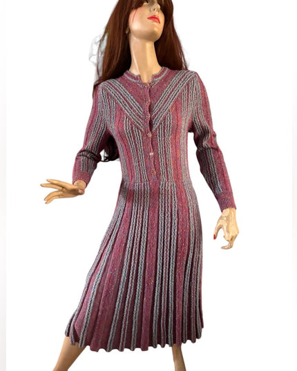 Elegant Vintage Pink and Gray Striped Tricoville Sweater Pleated 1970s Dress