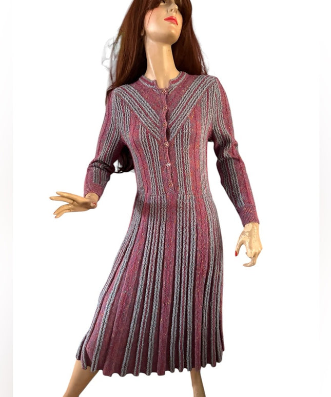 Elegant Vintage Pink and Gray Striped Tricoville Sweater Pleated 1970s Dress