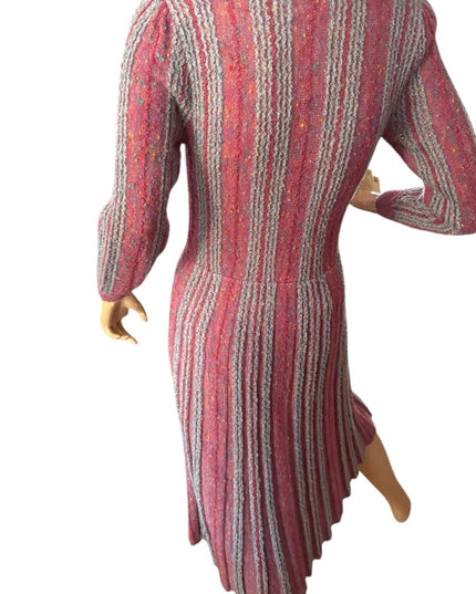 Elegant Vintage Pink and Gray Striped Tricoville Sweater Pleated 1970s Dress