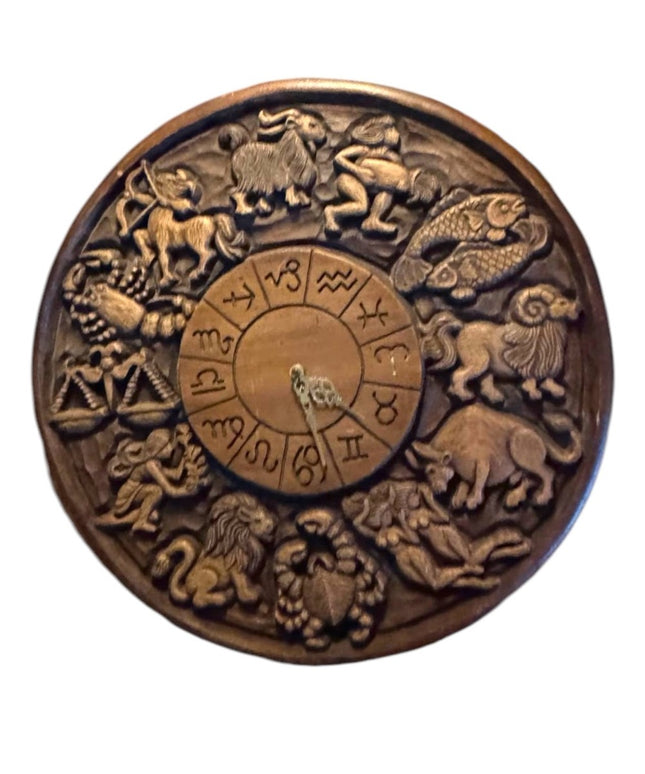 Vintage 1960s Zodiac-Themed Brown Wood Wall Decor