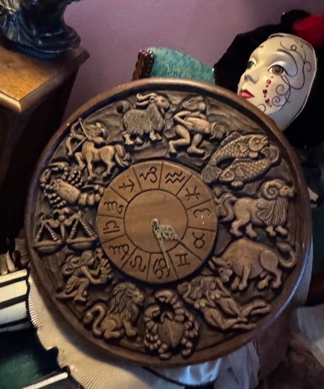 Vintage 1960s Zodiac-Themed Brown Wood Wall Decor