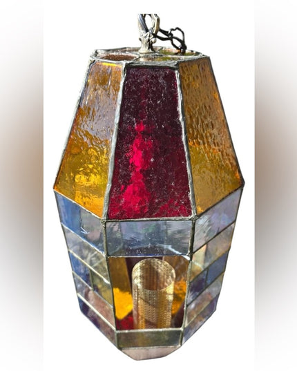 Vintage 1960s  Slag Glass Stained Glass Hanging Lantern Lamp Swag Church