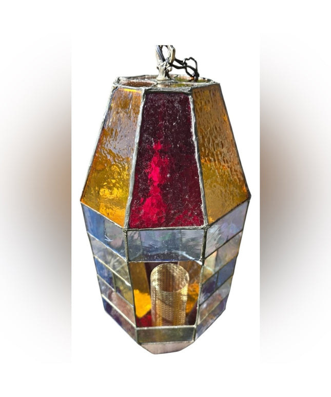 Vintage 1960s  Slag Glass Stained Glass Hanging Lantern Lamp Swag Church