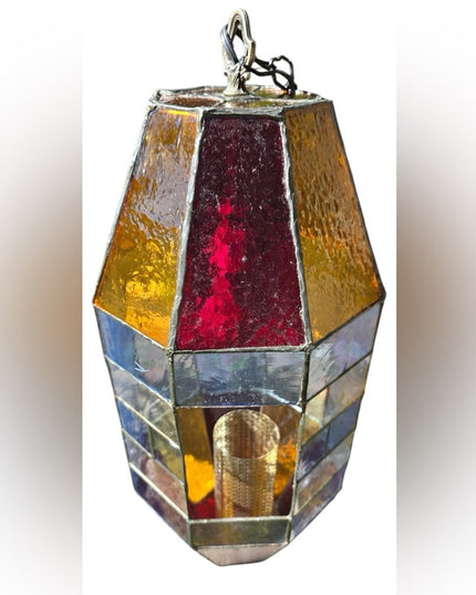 Vintage 1960s  Slag Glass Stained Glass Hanging Lantern Lamp Swag Church