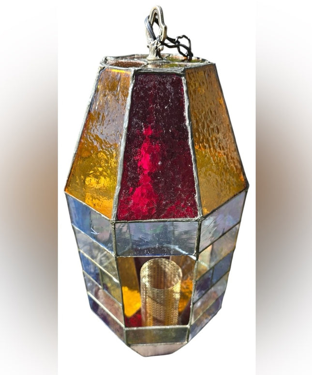 Vintage 1960s  Slag Glass Stained Glass Hanging Lantern Lamp Swag Church