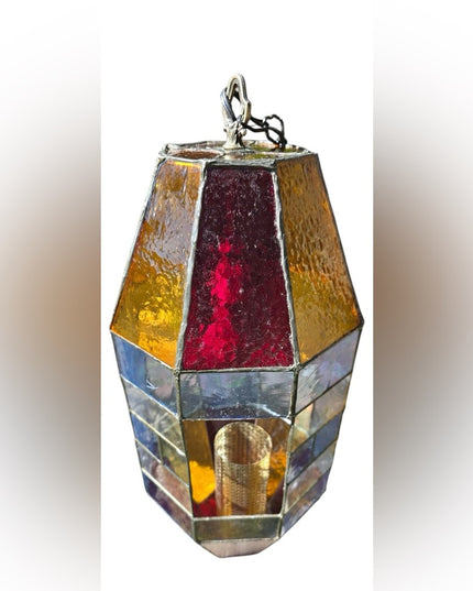 Vintage 1960s  Slag Glass Stained Glass Hanging Lantern Lamp Swag Church