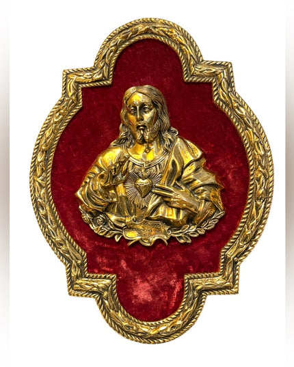 Vintage Solid Brass Frame 3D BRASS Jesus Sacred Heart red velvet Heavy p…