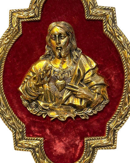 Vintage Solid Brass Frame 3D BRASS Jesus Sacred Heart red velvet Heavy p…