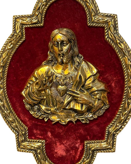 Vintage Solid Brass Frame 3D BRASS Jesus Sacred Heart red velvet Heavy p…