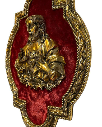 Vintage Solid Brass Frame 3D BRASS Jesus Sacred Heart red velvet Heavy p…