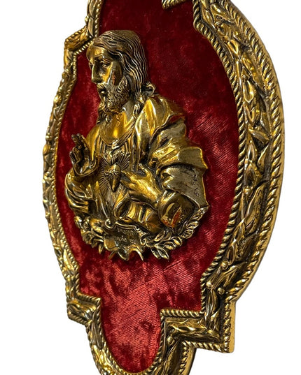 Vintage Solid Brass Frame 3D BRASS Jesus Sacred Heart red velvet Heavy p…