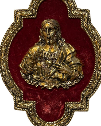 Vintage Solid Brass Frame 3D BRASS Jesus Sacred Heart red velvet Heavy p…