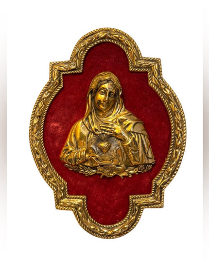 Vintage Virgin Mary Sacred Heart Solid BRASS frame 3D Brass picture red …