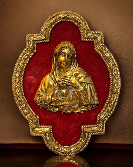 Vintage Virgin Mary Sacred Heart Solid BRASS frame 3D Brass picture red …