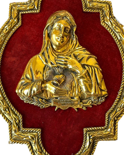 Vintage Virgin Mary Sacred Heart Solid BRASS frame 3D Brass picture red …