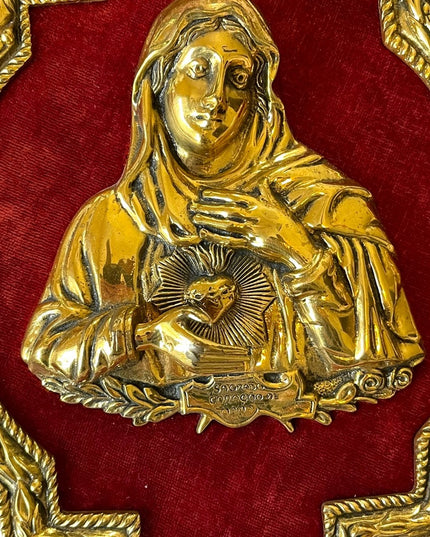 Vintage Virgin Mary Sacred Heart Solid BRASS frame 3D Brass picture red …