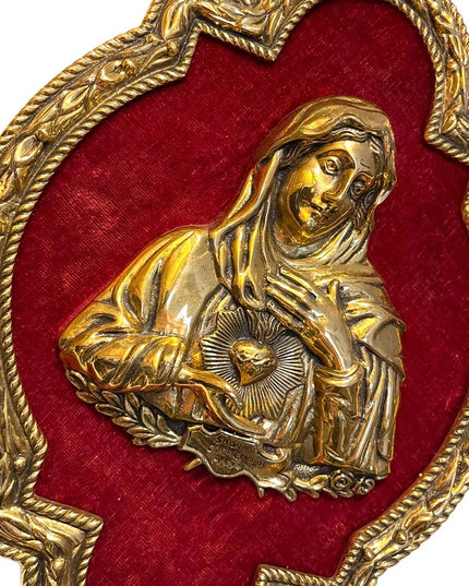 Vintage Virgin Mary Sacred Heart Solid BRASS frame 3D Brass picture red …