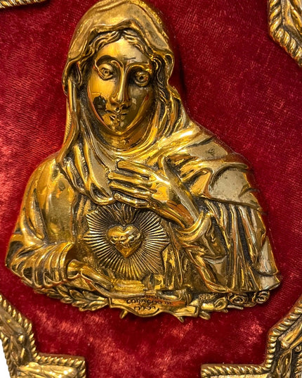 Vintage Virgin Mary Sacred Heart Solid BRASS frame 3D Brass picture red …