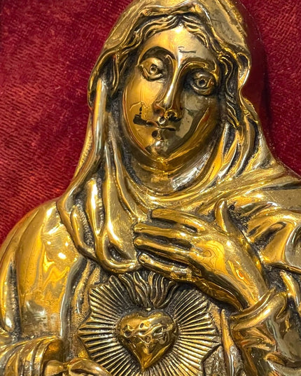 Vintage Virgin Mary Sacred Heart Solid BRASS frame 3D Brass picture red …