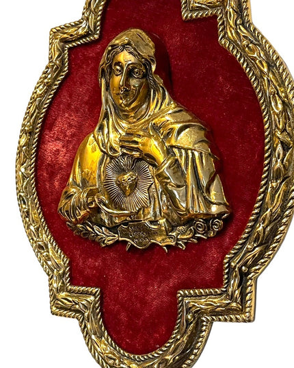 Vintage Virgin Mary Sacred Heart Solid BRASS frame 3D Brass picture red …