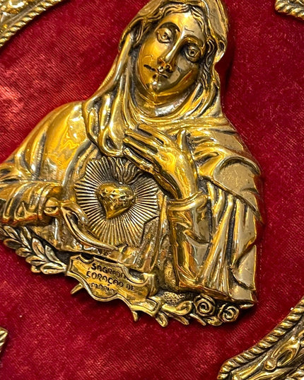 Vintage Virgin Mary Sacred Heart Solid BRASS frame 3D Brass picture red …