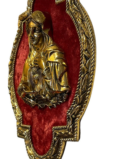 Vintage Virgin Mary Sacred Heart Solid BRASS frame 3D Brass picture red …