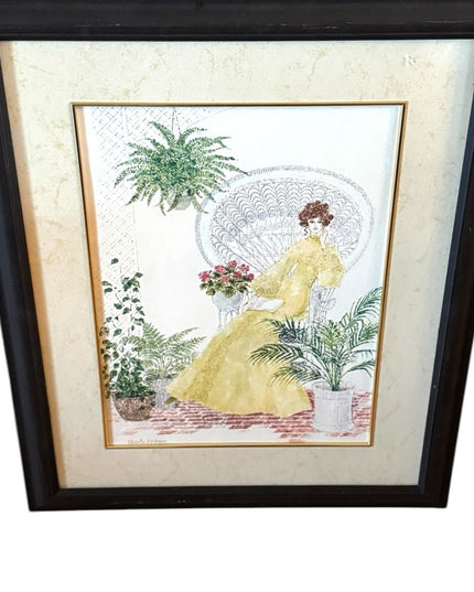 Vintage Mid century Framed Art Victorian Lady Yellow Dress Signed G. Eriksen