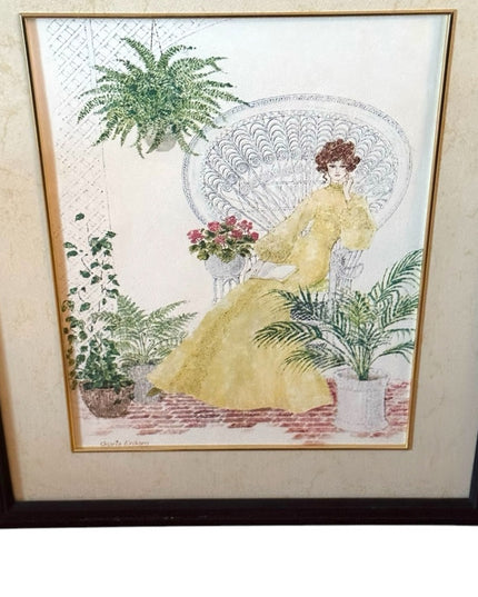 Vintage Mid century Framed Art Victorian Lady Yellow Dress Signed G. Eriksen