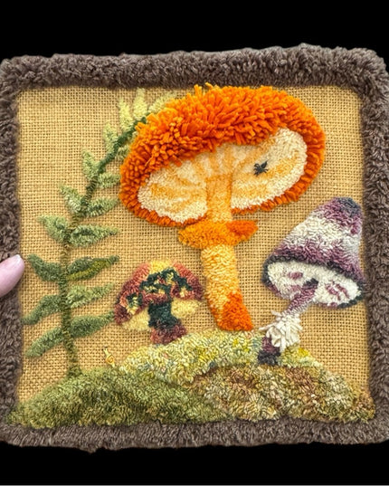 Handcrafted Mushroom Art Piece CREWL HOOKING MCM 1970s RARE Wall hanging