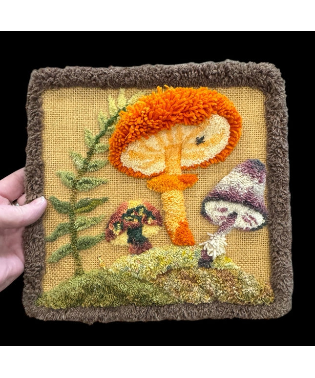 Handcrafted Mushroom Art Piece CREWL HOOKING MCM 1970s RARE Wall hanging