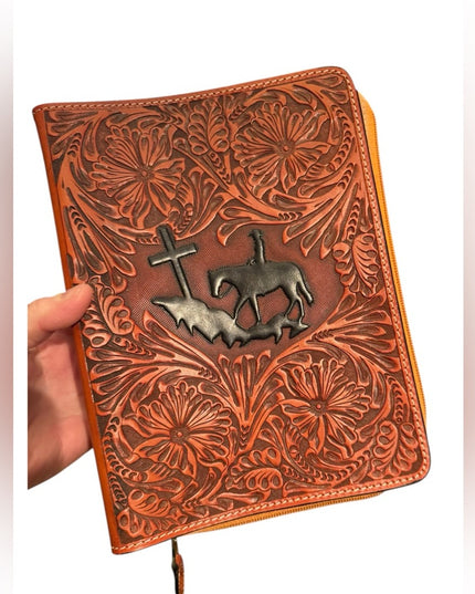 Embossed 3D Leather Journal with Cross and Horse Design Bible book cover