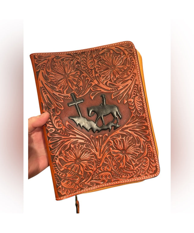 Embossed 3D Leather Journal with Cross and Horse Design Bible book cover