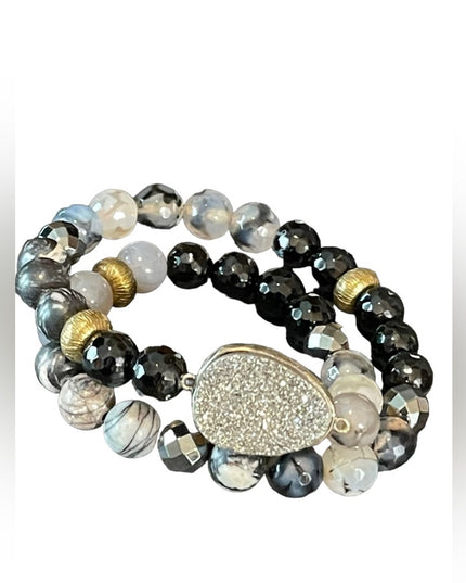 - Sterling silver Druzy Agate onyx hematite double wrap stretch bracelet