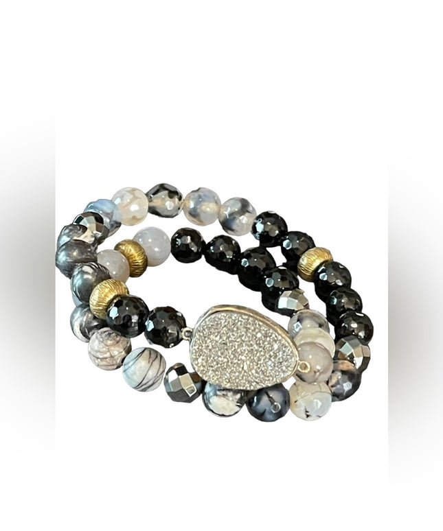 - Sterling silver Druzy Agate onyx hematite double wrap stretch bracelet
