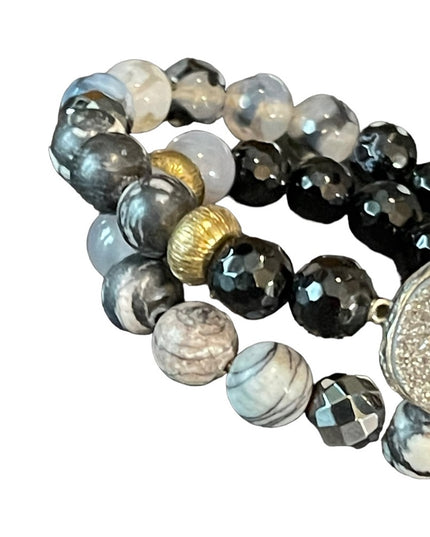 - Sterling silver Druzy Agate onyx hematite double wrap stretch bracelet