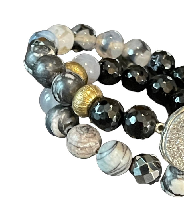 - Sterling silver Druzy Agate onyx hematite double wrap stretch bracelet