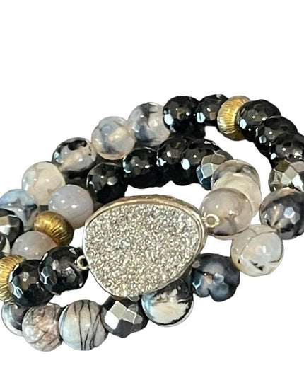 - Sterling silver Druzy Agate onyx hematite double wrap stretch bracelet