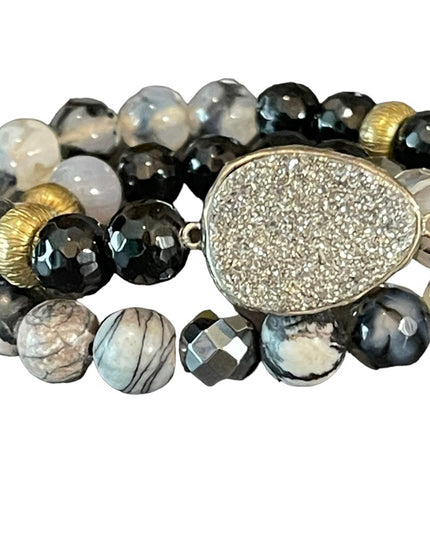 - Sterling silver Druzy Agate onyx hematite double wrap stretch bracelet