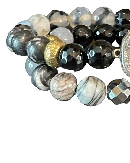 - Sterling silver Druzy Agate onyx hematite double wrap stretch bracelet