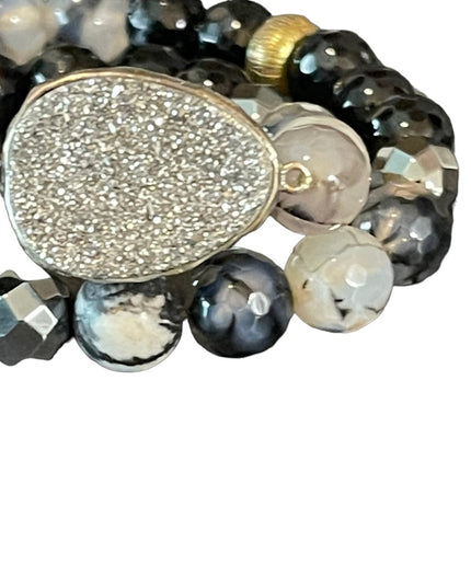 - Sterling silver Druzy Agate onyx hematite double wrap stretch bracelet