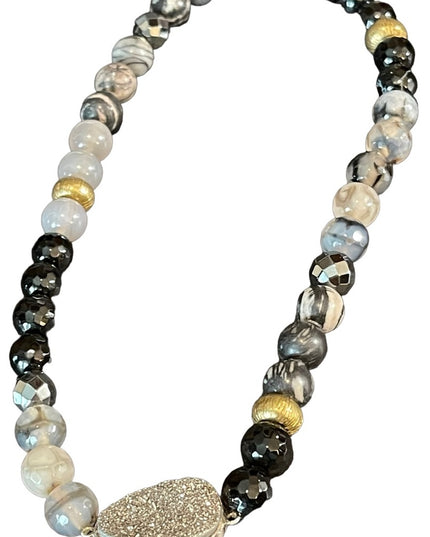 - Sterling silver Druzy Agate onyx hematite double wrap stretch bracelet