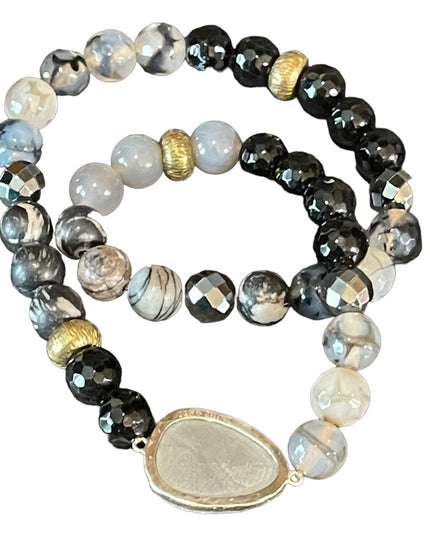 - Sterling silver Druzy Agate onyx hematite double wrap stretch bracelet