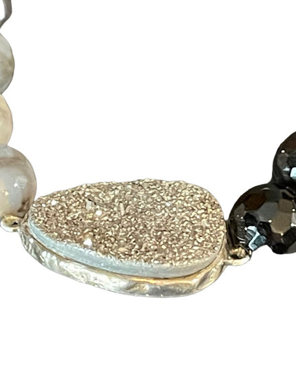 - Sterling silver Druzy Agate onyx hematite double wrap stretch bracelet