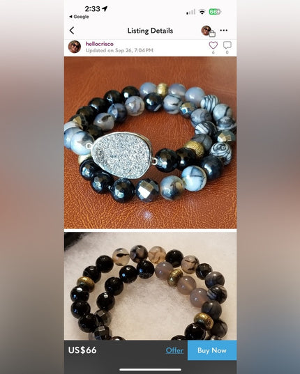 - Sterling silver Druzy Agate onyx hematite double wrap stretch bracelet
