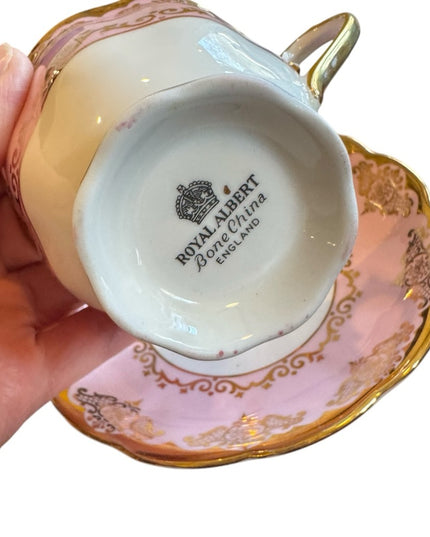 Elegant Royal Albert England Bone China Pink and Gold Teacup and Saucer
