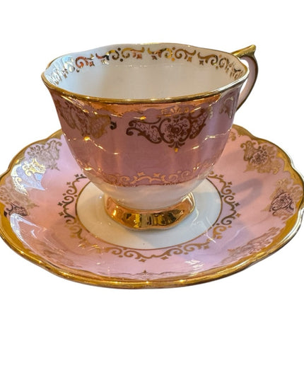 Elegant Royal Albert England Bone China Pink and Gold Teacup and Saucer