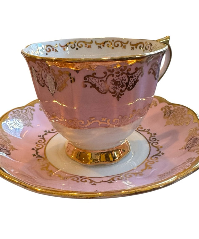 Elegant Royal Albert England Bone China Pink and Gold Teacup and Saucer